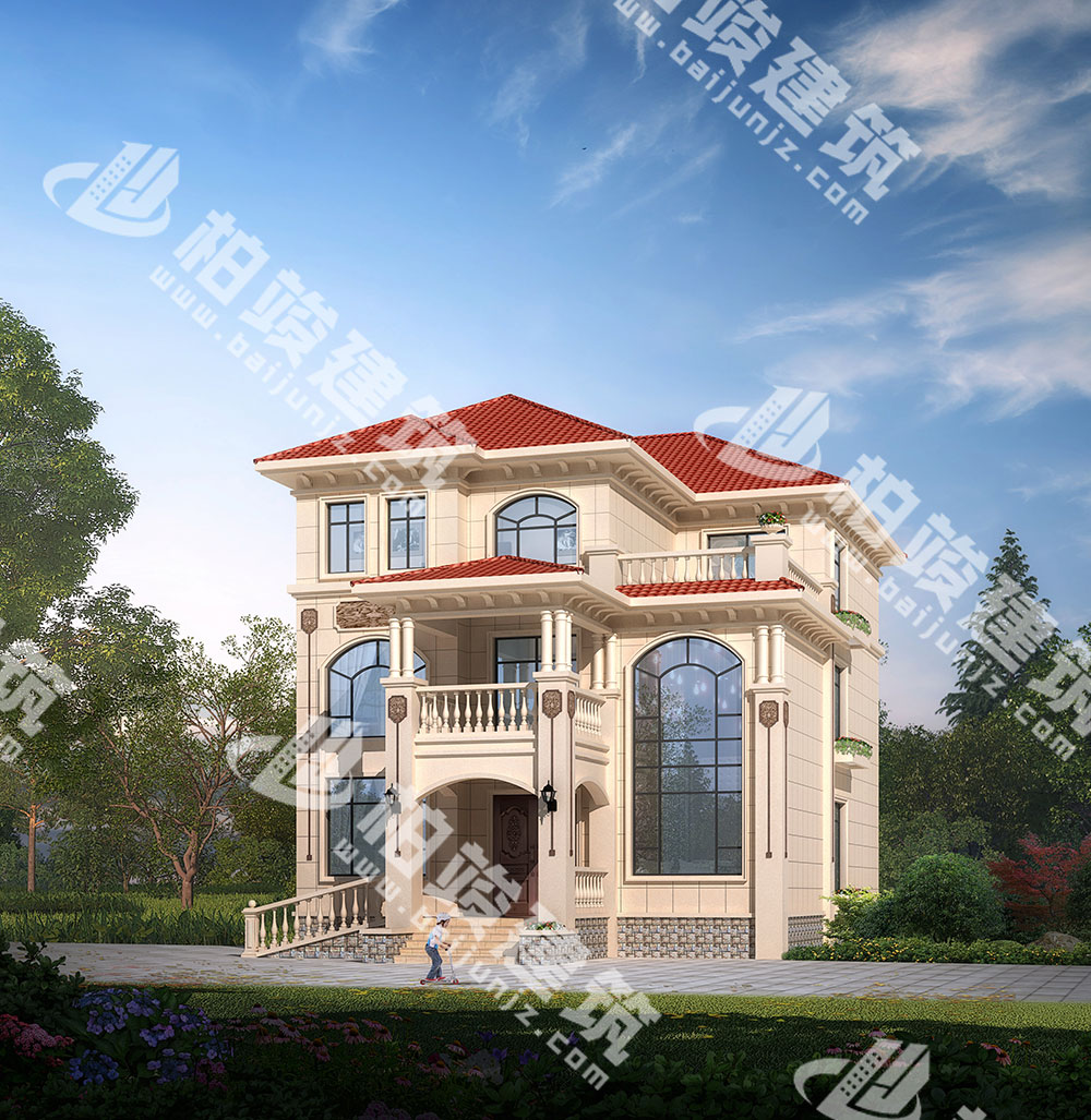 農(nóng)村三層別墅設(shè)計圖紙，簡歐風(fēng)格，帶雙層落地窗、輪椅坡道