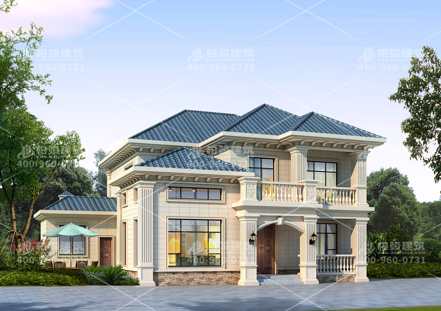 新中式別墅設(shè)計圖，帶輔房墨綠色房頂。