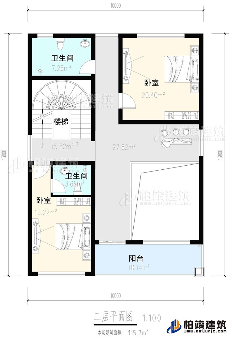 二層：2臥室，內(nèi)衛(wèi)，公衛(wèi)，樓梯，陽臺(tái)