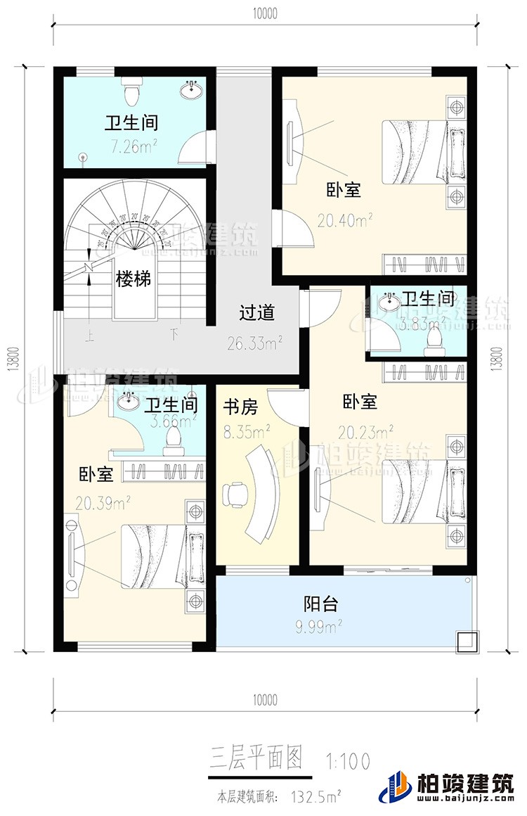 三層：3臥室，2內(nèi)衛(wèi)，公衛(wèi)，樓梯，書房，陽臺(tái)