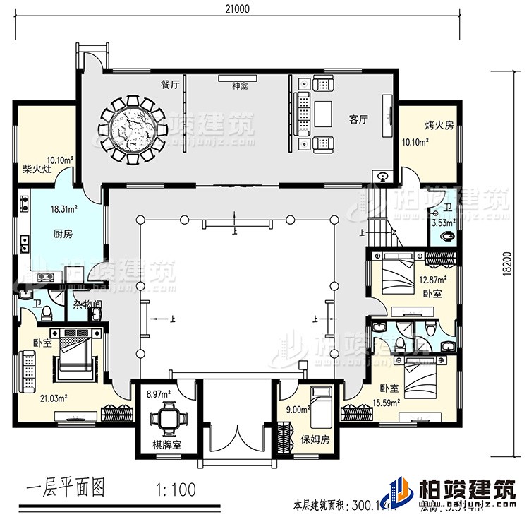 一層：客廳，餐廳，烤火房，廚房，4衛(wèi)生間，3臥室，雜物間，棋牌室，保姆房