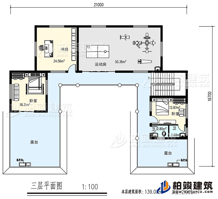 三層：書房，運(yùn)動房，2臥室，2衛(wèi)生間，露臺