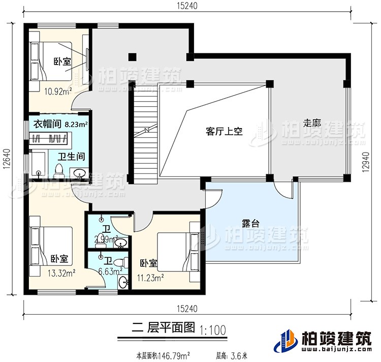 二層：3臥室，內(nèi)衛(wèi)，公衛(wèi)，起居室，樓梯，陽臺，露臺，書房
