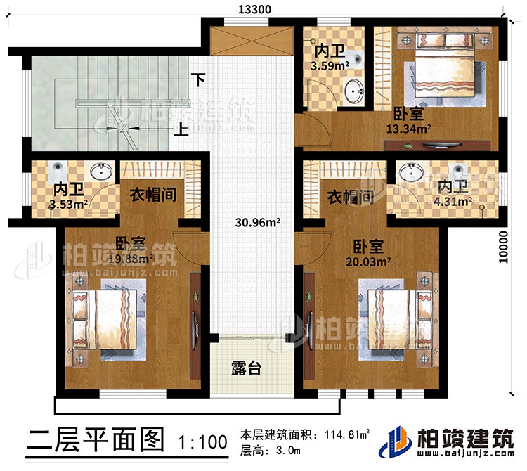 二層：3臥室、2衣帽間、3內(nèi)衛(wèi)、露臺