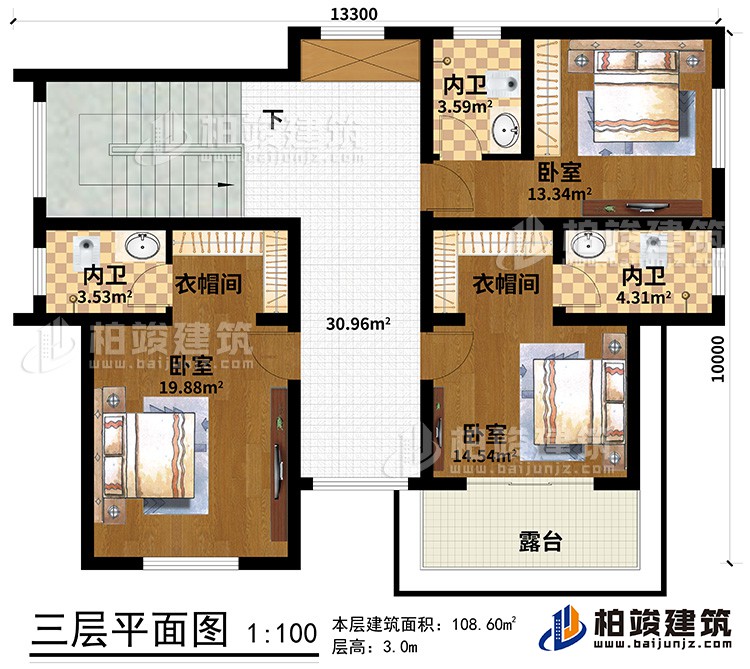 三層：3臥室、2衣帽間、3內(nèi)衛(wèi)、露臺