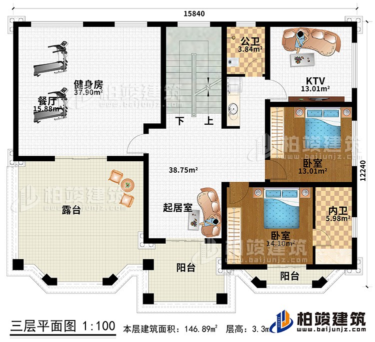 三層：健身房、起居室、2臥室、KTV、公衛(wèi)、內(nèi)衛(wèi)、露臺(tái)、2陽(yáng)臺(tái)
