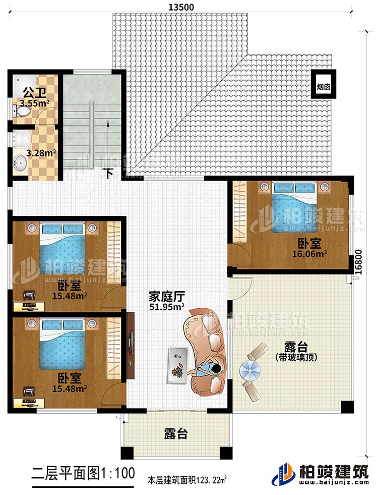 二層：3臥室，家庭廳，2露臺(tái)，公衛(wèi)。