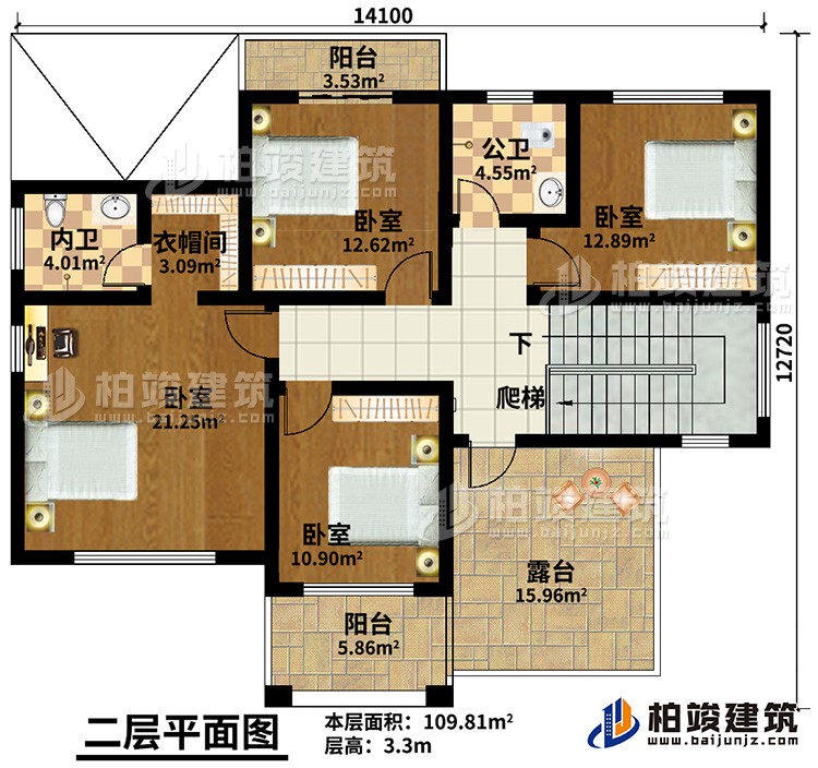 二層：4臥室，公衛(wèi)，內(nèi)衛(wèi)，2陽(yáng)臺(tái)，露臺(tái)