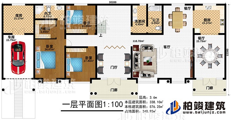 一層：2門廊、門廳、客廳、2餐廳、廚房、公衛(wèi)、洗漱間、3臥室、衣帽間、內(nèi)衛(wèi)、庫房、車庫
