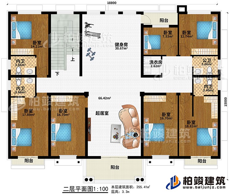 二層：7臥室、起居室、健身房、3內(nèi)衛(wèi)、公衛(wèi)、洗衣房、4陽(yáng)臺(tái)