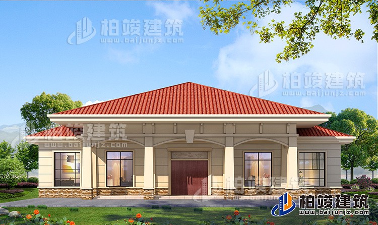 農(nóng)村20萬自建一層平房設(shè)計(jì)圖，占地面積280平米BZ114-簡歐風(fēng)格