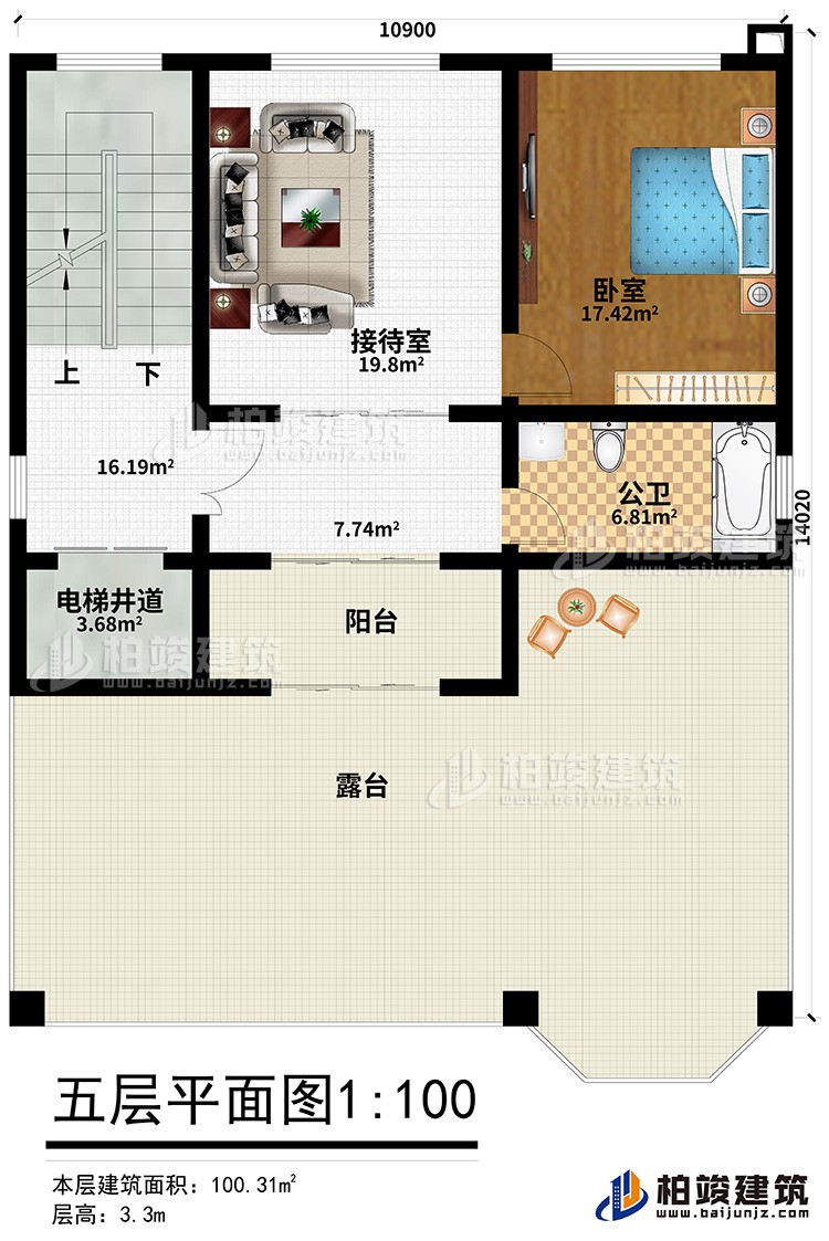 五層：接待室、臥室、公衛(wèi)、電梯井道、露臺(tái)、陽(yáng)臺(tái)