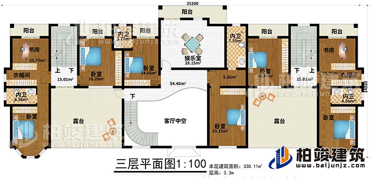三層：6臥室、2衣帽間、2書房、4內(nèi)衛(wèi)、娛樂室、6陽臺(tái)、2露臺(tái)、客廳中空