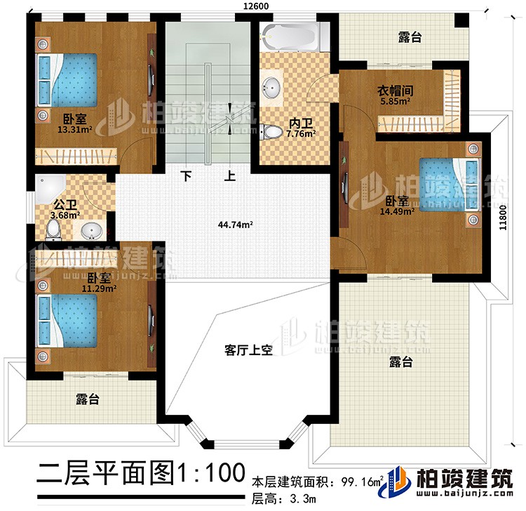二層：3臥室，衣帽間、公衛(wèi)、內(nèi)衛(wèi)、3露臺、客廳上空