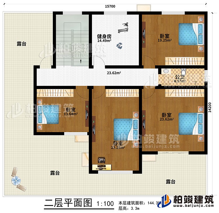 二層：4臥室，公衛(wèi)，健身房，露臺