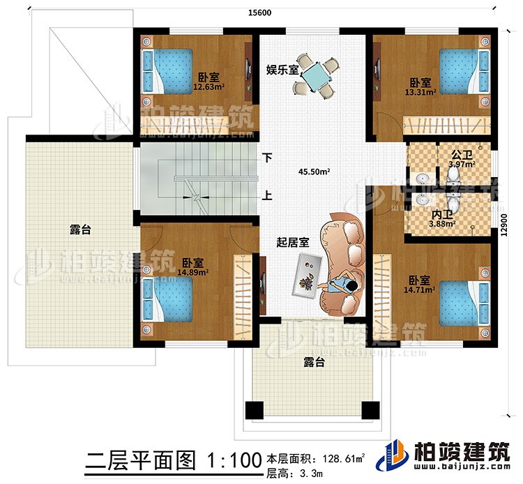 二層：4臥室，內衛(wèi)，公衛(wèi)，起居室，樓梯，棋牌室，2露臺