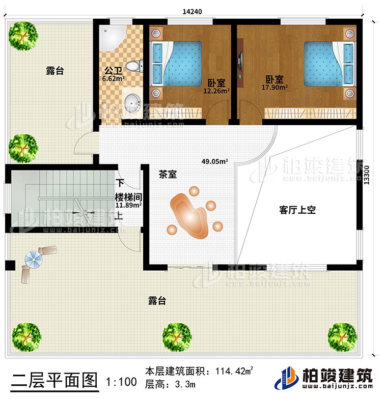 二層：客廳上空、茶室、樓梯間、2臥室、公衛(wèi)、2露臺