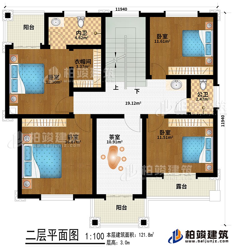 二層：4臥室、衣帽間、茶室、公衛(wèi)、內(nèi)衛(wèi)、2陽臺、露臺