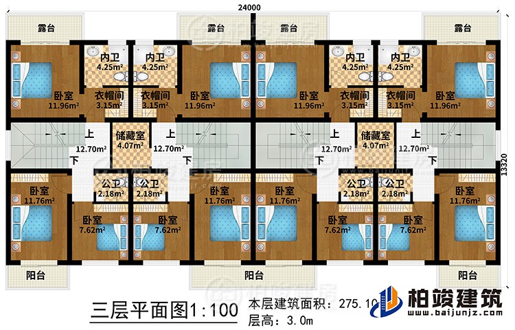 三層：12臥室、4公衛(wèi)、4內(nèi)衛(wèi)、2儲藏室、4衣帽間、3陽臺、4露臺