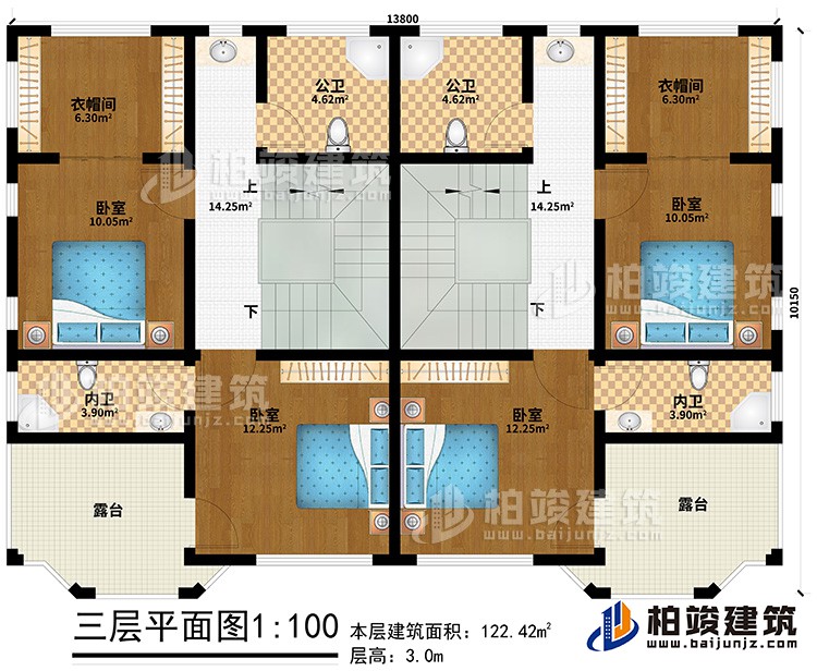三層：4臥室、2內(nèi)衛(wèi)、2公衛(wèi)、2衣帽間、2露臺