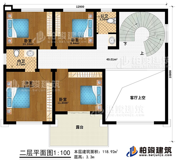 二層：4臥室、公衛(wèi)、內(nèi)衛(wèi)、客廳上空、露臺
