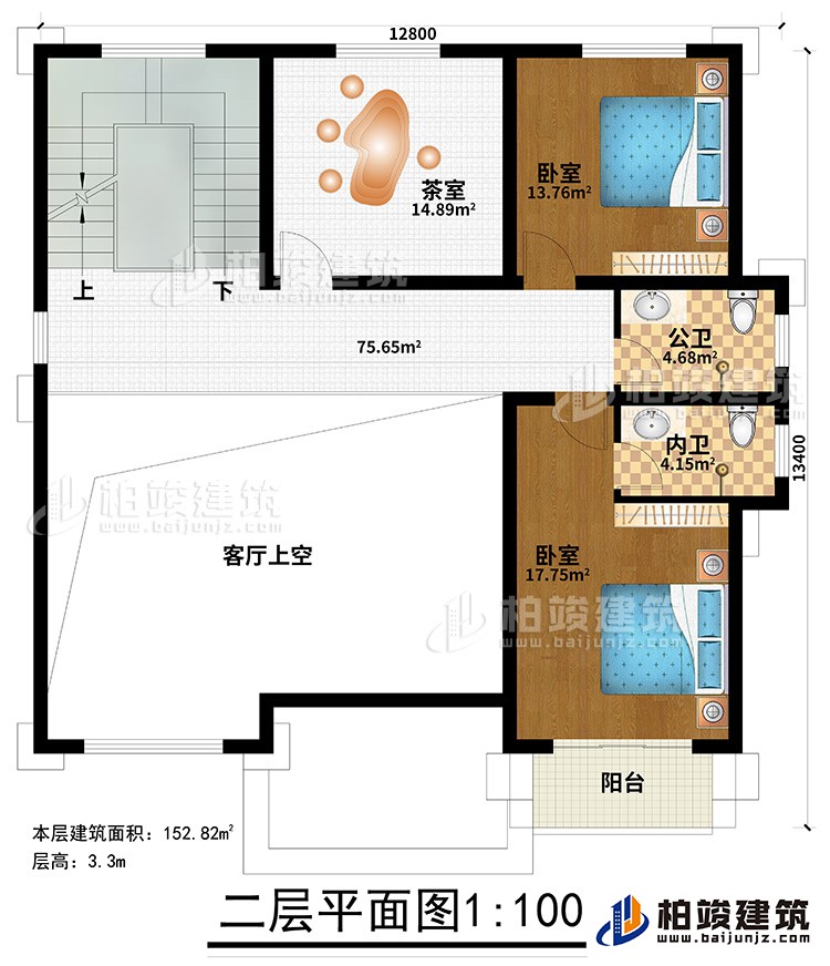 二層：2臥室，茶室，2衛(wèi)生間，陽(yáng)臺(tái)