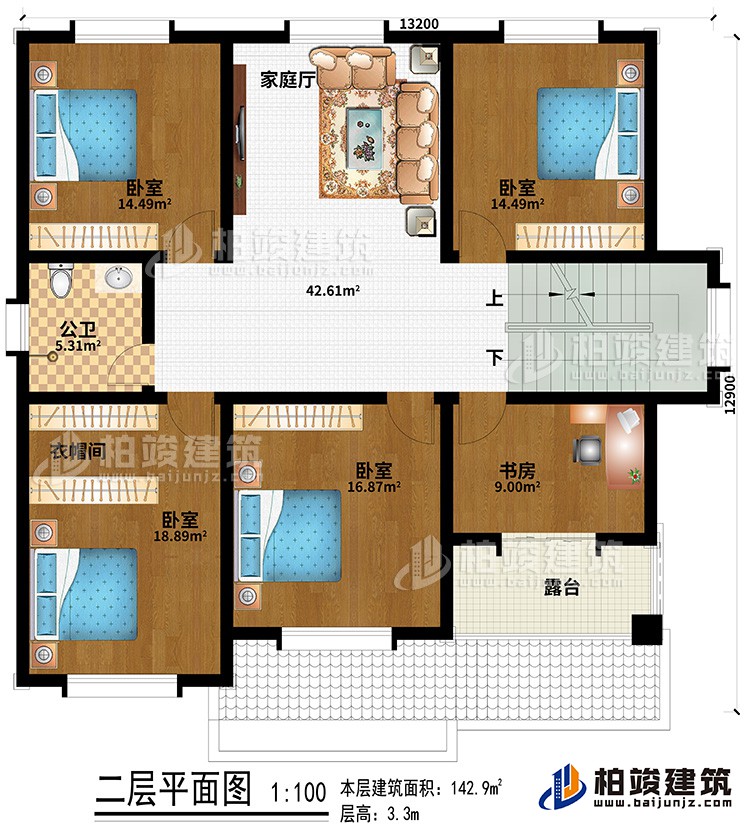 二層：4臥室、公衛(wèi)、衣帽間、書(shū)房、露臺(tái)、家庭廳