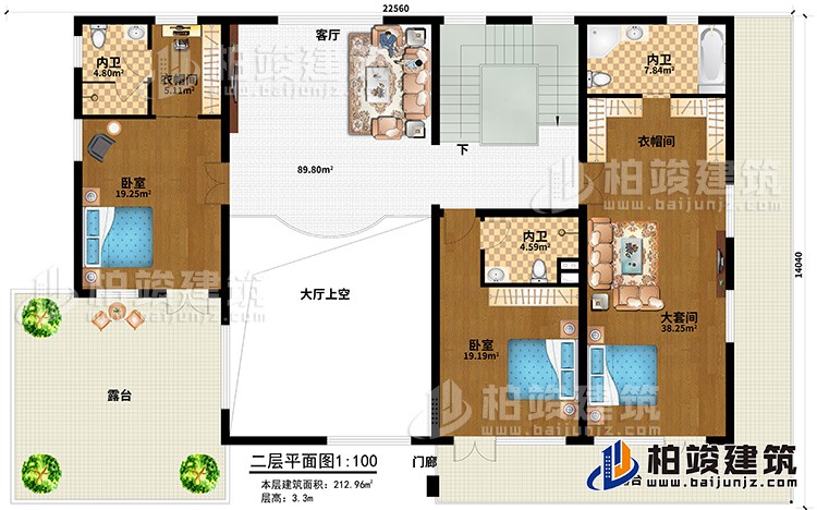 二層：客廳，大套間帶內(nèi)衛(wèi)和衣帽間，單間帶內(nèi)衛(wèi)，中套間帶內(nèi)衛(wèi)和衣帽間，2露臺，樓梯