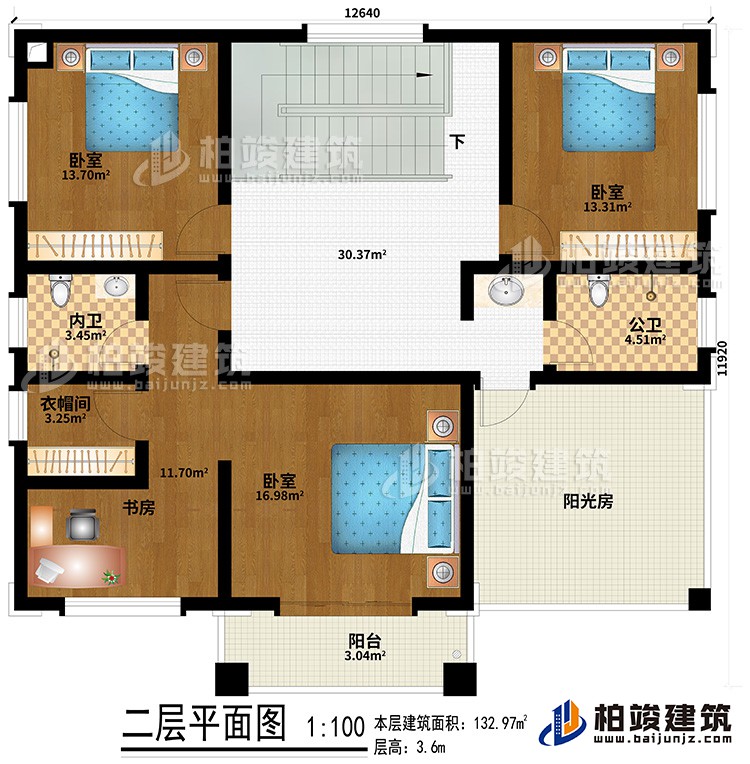 二層：3臥室、內(nèi)衛(wèi)、衣帽間、公衛(wèi)、陽光房、陽臺、書房