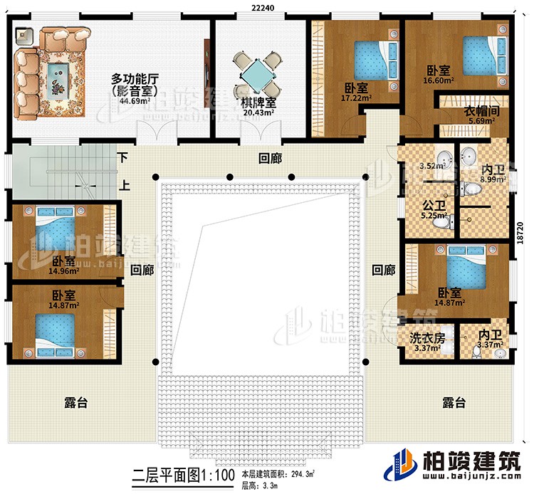 二層：多功能廳（影音室）、棋牌室、5臥室、衣帽間、公衛(wèi)、2內(nèi)衛(wèi)、洗衣房、3回廊、2露臺(tái)