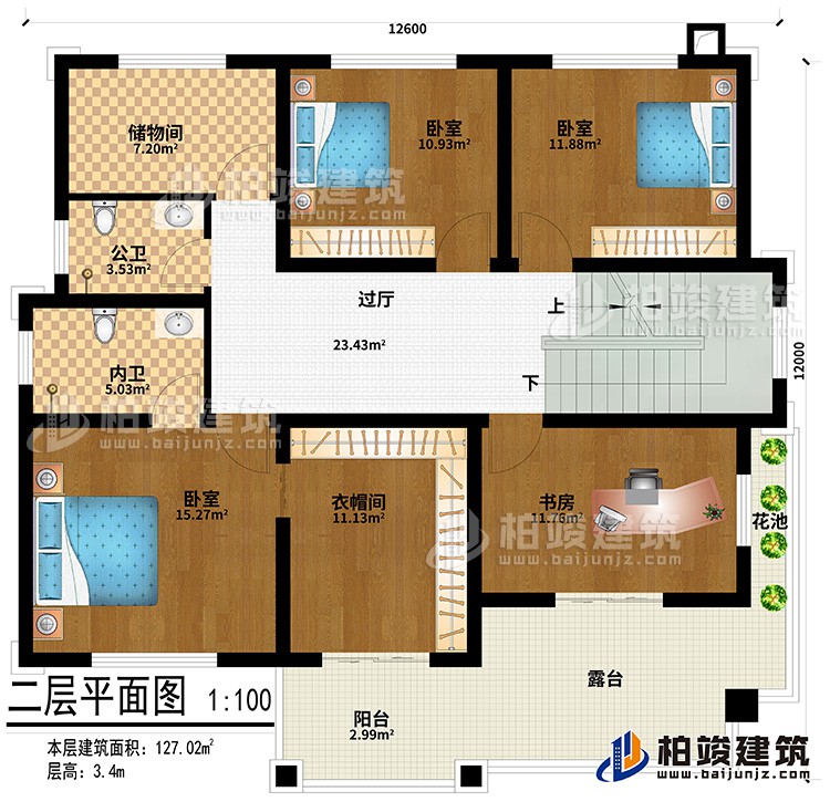 二層：3臥室、衣帽間、書房、過廳、儲物間、公衛(wèi)、內(nèi)衛(wèi)、陽臺、露臺、花池