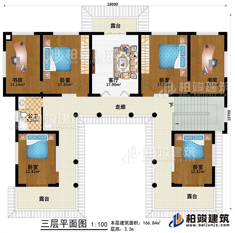三層：走廊、3臥室、2書(shū)房、客廳、3露臺(tái)、公衛(wèi)