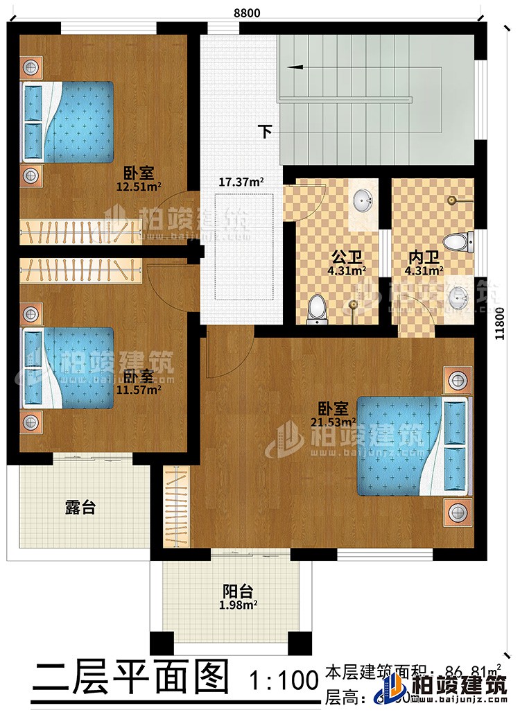 二層：3臥室、公衛(wèi)、內(nèi)衛(wèi)、陽臺、露臺