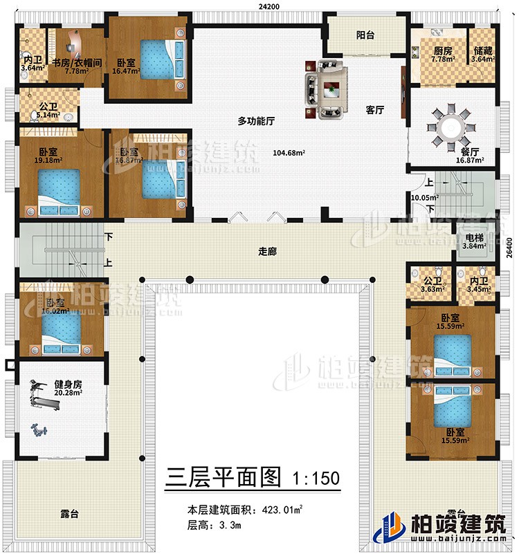 三層：健身房、6臥室、書房/衣帽間、2內衛(wèi)、2公衛(wèi)、多功能廳、客廳、陽臺、餐廳、廚房、儲藏、電梯、2露臺