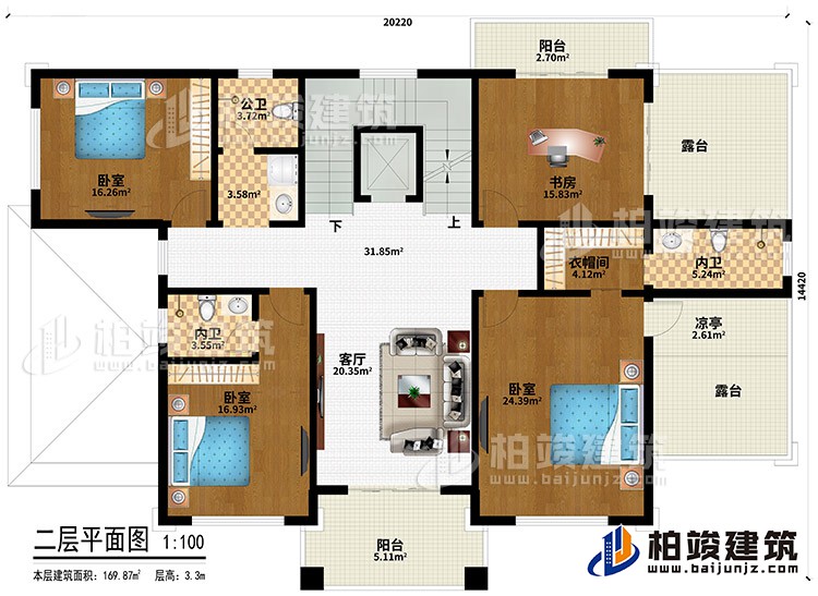 二層：3臥室、衣帽間、2內(nèi)衛(wèi)、公衛(wèi)、客廳、書房、衣帽間、2陽臺、2露臺、涼亭