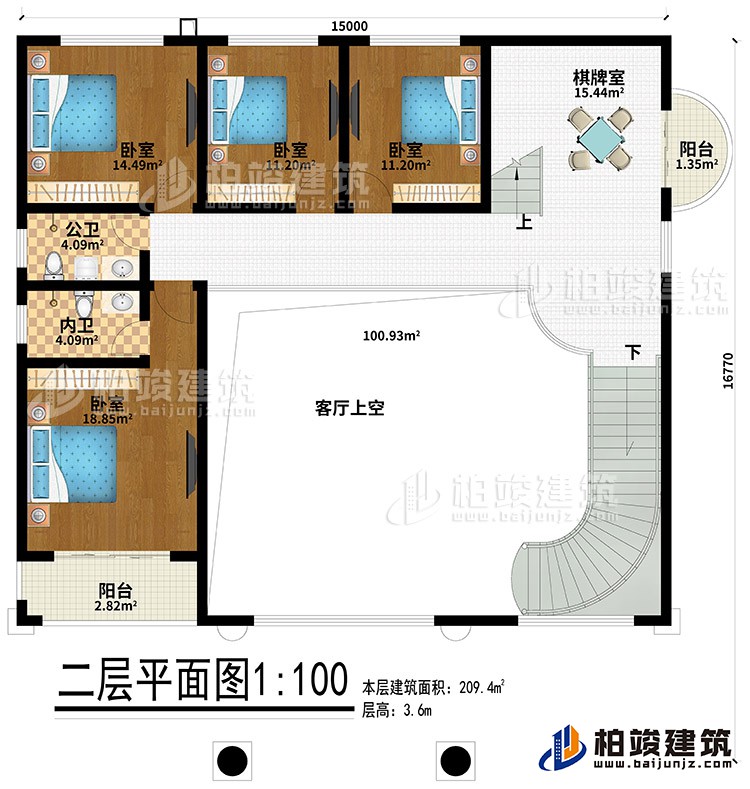 二層：4臥室、公衛(wèi)、內(nèi)衛(wèi)、棋牌室、2陽臺、客廳上空