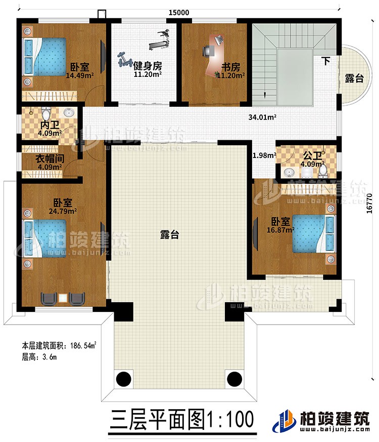 三層：3臥室、健身房、衣帽間、內(nèi)衛(wèi)、公衛(wèi)、健身房、書房、2露臺