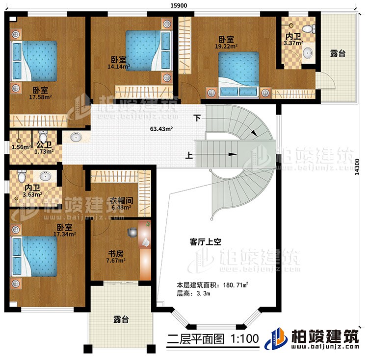 二層：客廳上空，4臥室，衣帽間，2內(nèi)衛(wèi)，公衛(wèi)，2露臺