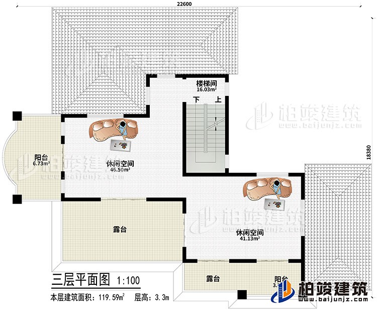 頂層：2休閑空間、2露臺(tái)、2陽臺(tái)、樓梯間