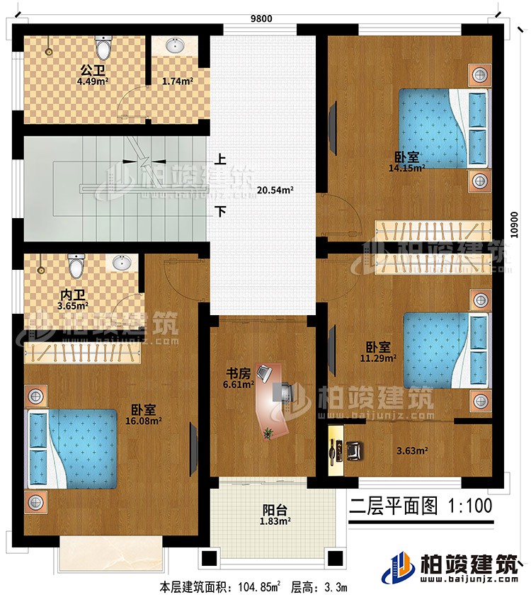 二層：3臥室、公衛(wèi)、內(nèi)衛(wèi)、書房、陽臺