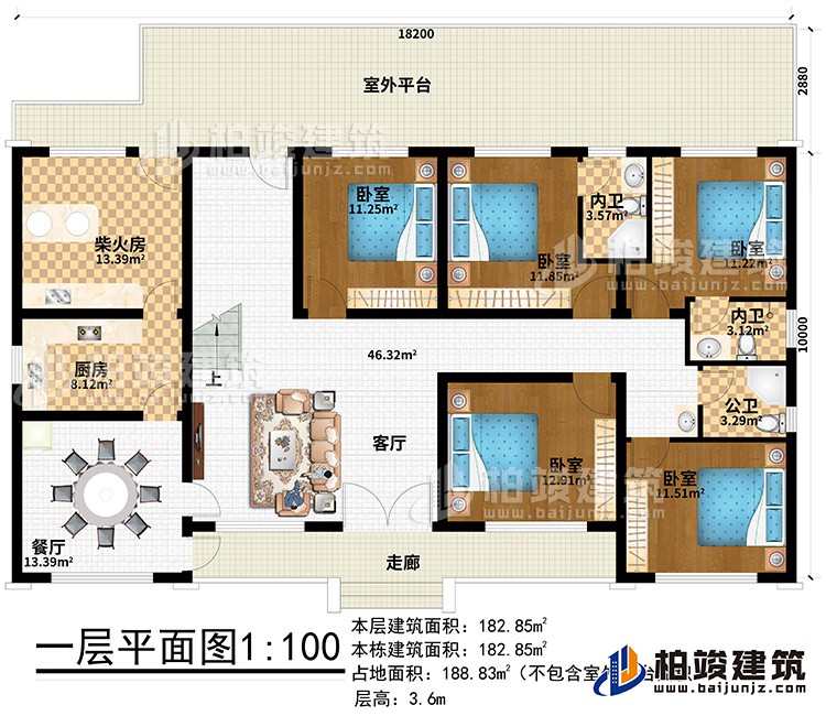 一層：走廊、客廳、餐廳、廚房、柴火房、室外平臺(tái)、5臥室、2內(nèi)衛(wèi)、公衛(wèi)