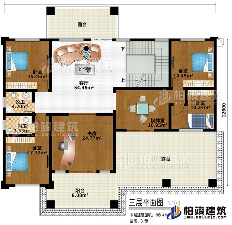 三層：客廳、4臥室、書房、棋牌室、內(nèi)衛(wèi)、公衛(wèi)、陽臺、2露臺