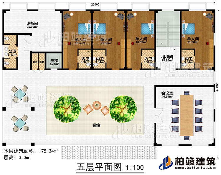 五層：樓梯間、過道、電梯、水井、電井、4單人間、4內(nèi)衛(wèi)、公衛(wèi)、露臺、會議