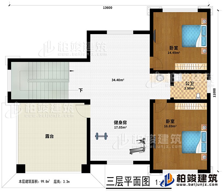 三層：２臥室、公衛(wèi)、健身房、露臺