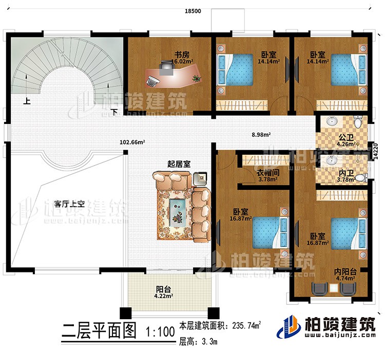 二層：4臥室、起居室、書房、客廳上空、衣帽間、內(nèi)陽(yáng)臺(tái)、陽(yáng)臺(tái)、公衛(wèi)、內(nèi)衛(wèi)