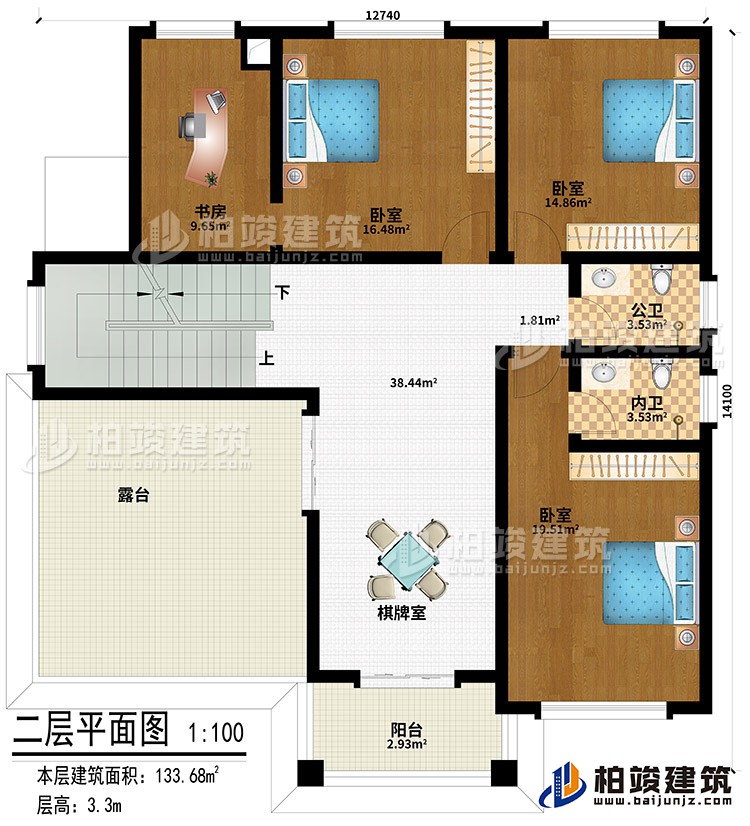 二層：棋牌室、3臥室、書房、公衛(wèi)、內(nèi)衛(wèi)、陽臺(tái)、露臺(tái)