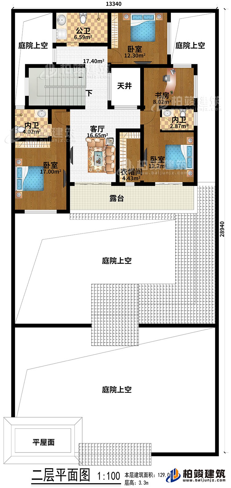 二層：平屋面、4庭院上空、3臥室、客廳、天井、衣帽間、書房、公衛(wèi)、2內(nèi)衛(wèi)