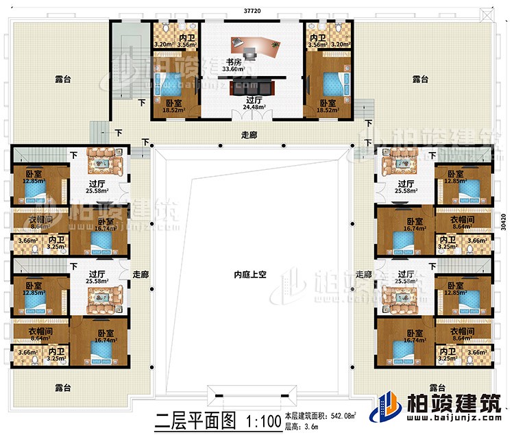 二層：內(nèi)庭上空、5過廳、書房、3走廊、4露臺、10臥室、4衣帽間、6內(nèi)衛(wèi)