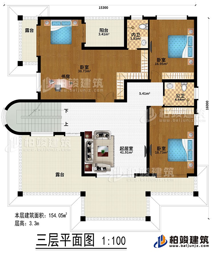 三層：起居室、3臥室、書房、公衛(wèi)、內(nèi)衛(wèi)、陽臺、2露臺