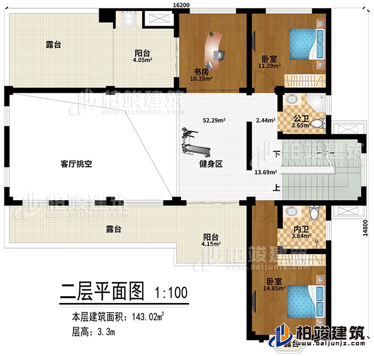 二層：健身區(qū)、客廳挑空、書房、2臥室、公衛(wèi)、內(nèi)衛(wèi)、2陽臺(tái)、3露臺(tái)